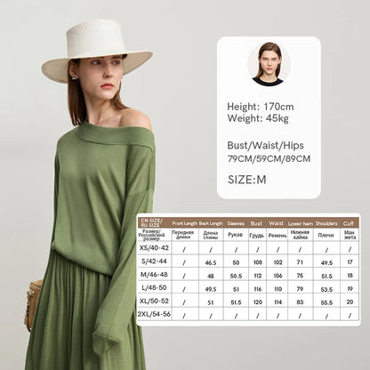 Damen-Set: olivgrüner Off-Shoulder-Wollstrickpullover und langer A-Linienrock