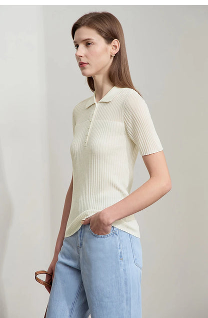 Damen Strickoberteil mit Revers und halber Knopfleiste für den Sommer