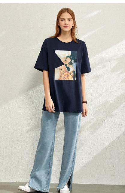 Damen T-Shirt im minimalistischen Sommer-Stil mit lässigem Patchwork-Design