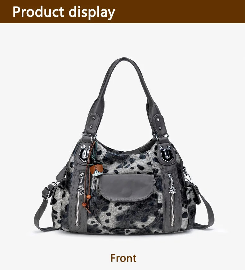 Damen-Hobo-Tasche aus gewaschenem Leder mit grau-Leoparden-Print und mehreren Fächern und viel Stauraum