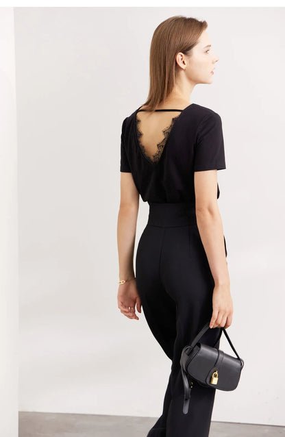 Damen T-Shirt aus mercerisierter Baumwolle mit V-Ausschnitt und Spitzen-Detail