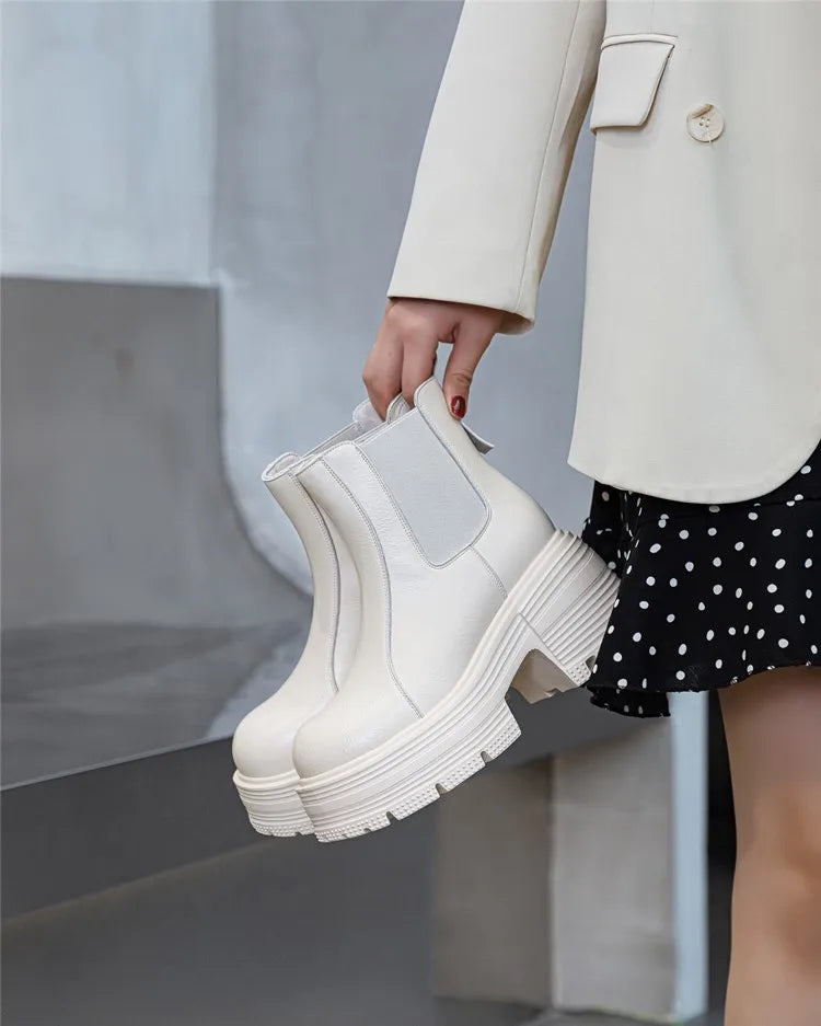 Damen-Chelsea-Boots aus Leder, weiß, mit Plateau und Blockabsatz