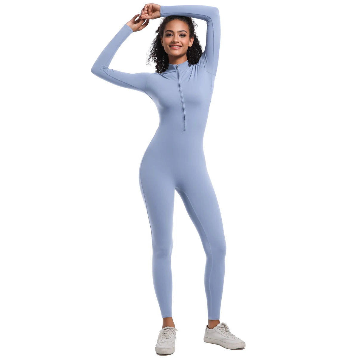 Nahtloser Damen-Overall mit langen Ärmeln, hellblau, sportlicher Sitz, Frontreißverschluss