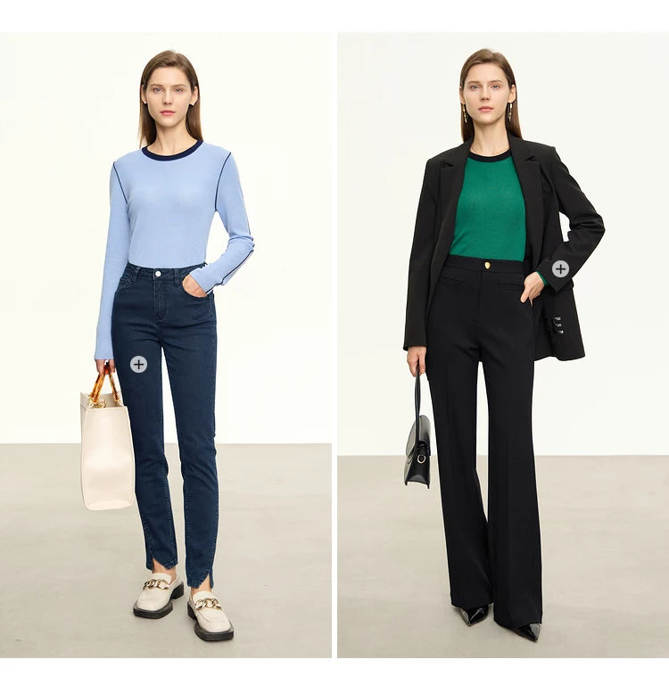 Damen-Rundhalspullover Patchwork Slim Wolle-Mix Herbst-Winter