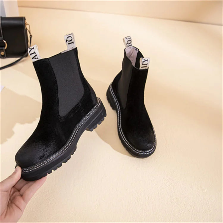 Women's Chelsea Boots Genuine Leather 2025 Autumn Winter Trend Thick-soled Women Ankle Boots All-match Marton Boots Ladies