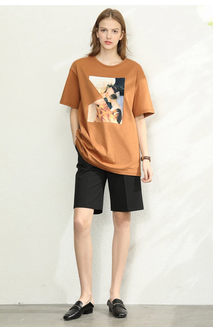 Damen T-Shirt im minimalistischen Sommer-Stil mit lässigem Patchwork-Design