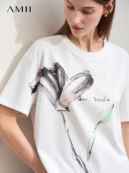 Damen T-Shirt im Minimalismus-Stil mit O-Neck und coolen Ink-Art Print