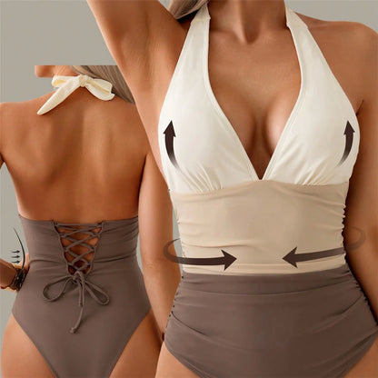 Damen Badeanzug Spleiß V-Ausschnitt rückenfrei Neckholder Monokini gepolstert