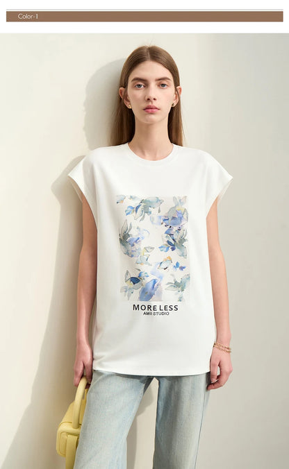 Damen T-Shirts im Minimalismus-Stil mit lässigem O-Neck und Blumen-Druck