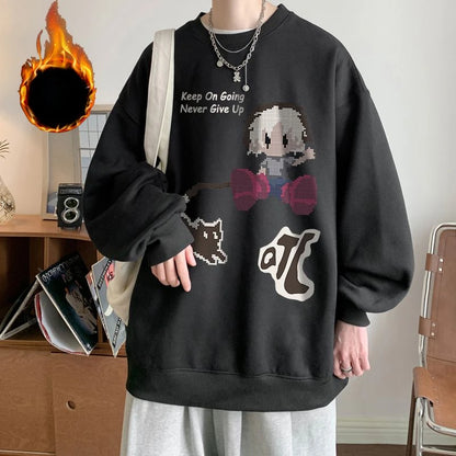 Vintage Oversize Herren-Sweatshirt mit Fist-Print und Rundhalsausschnitt – Herbst/Winter Langarmshirt mit Samtfutter im High-Street-Trend