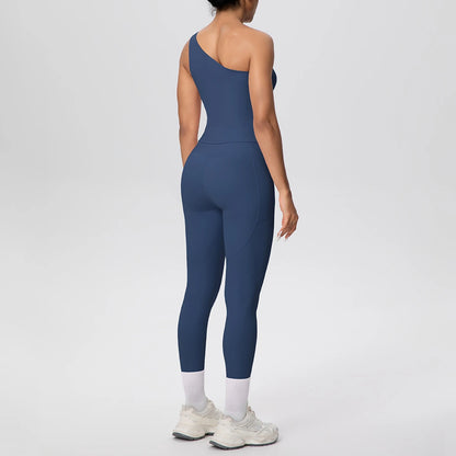 Yoga-Set aus ärmellosem Top und Leggings, dunkelblau; leichter Beinabschluss in Hellton