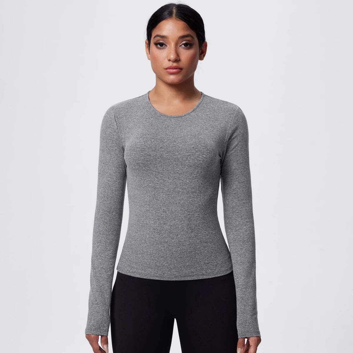 Damen-Langarmshirt für Yoga, grau meliert, Rundhalsausschnitt, lange Ärmel