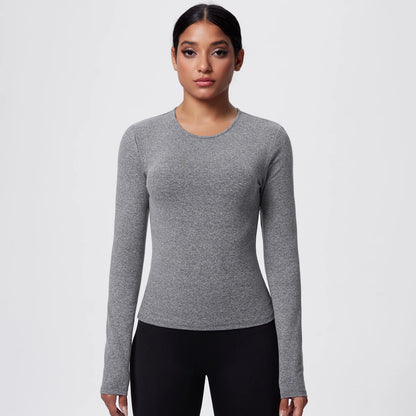 Damen-Langarmshirt für Yoga, grau meliert, Rundhalsausschnitt, lange Ärmel