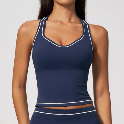 Yoga-Top für Damen, dunkelblau mit Kontrastpaspel und breiten Trägern