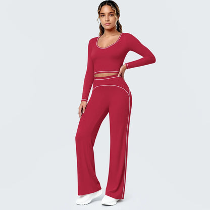 Damen Yoga-Set mit langärmligem Top und Schlaghose, Cut-out an der Taille, weinrot