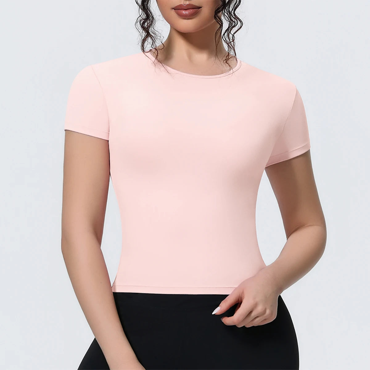 Damen Yoga-Shirt mit Rundhalsausschnitt, kurzarm, eng anliegend, rosafarben