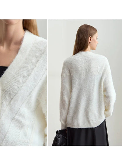 Damen-Strickjacke V-Ausschnitt Nerz-Imitat locker dick Winter
