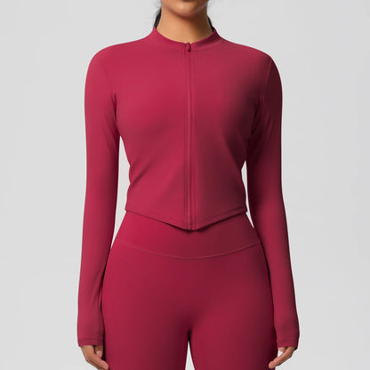 Langarm-Fitnessoberteil, Slim Fit, rot, durchgehender Reißverschluss und Stehkragen