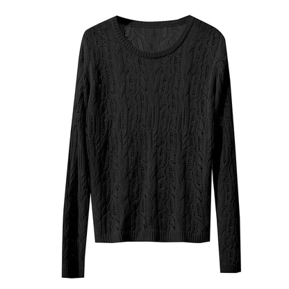Schwarzer Damen-Strickpullover mit Rundhalsausschnitt und Zopfmuster, lange Ärmel