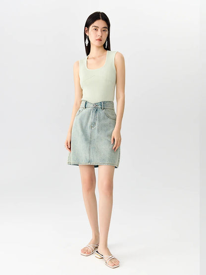 Imitations-Denim-Fashion-Anzug für Damen – vielseitiges, minimalistisches Outfit mit Shirt und Rock für Frühling und Sommer