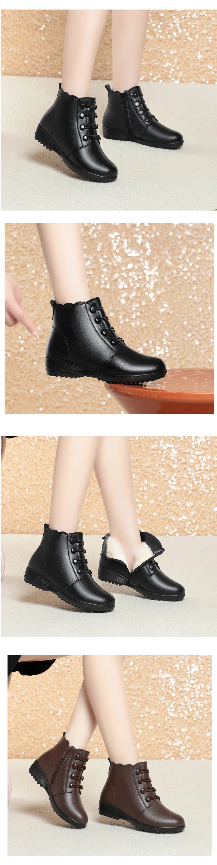 Schwarze Stiefelette mit Schnürung am Bein, Profilsohle und gerundeter Zehenpartie