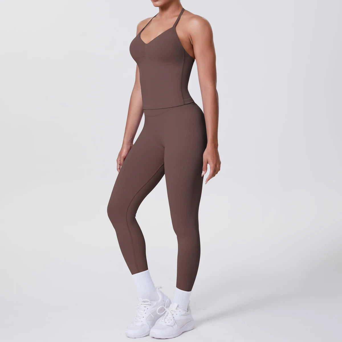 Braunes Damen-Yoga-Set: rückenfreies Träger-Top und Leggings, Seitenansicht