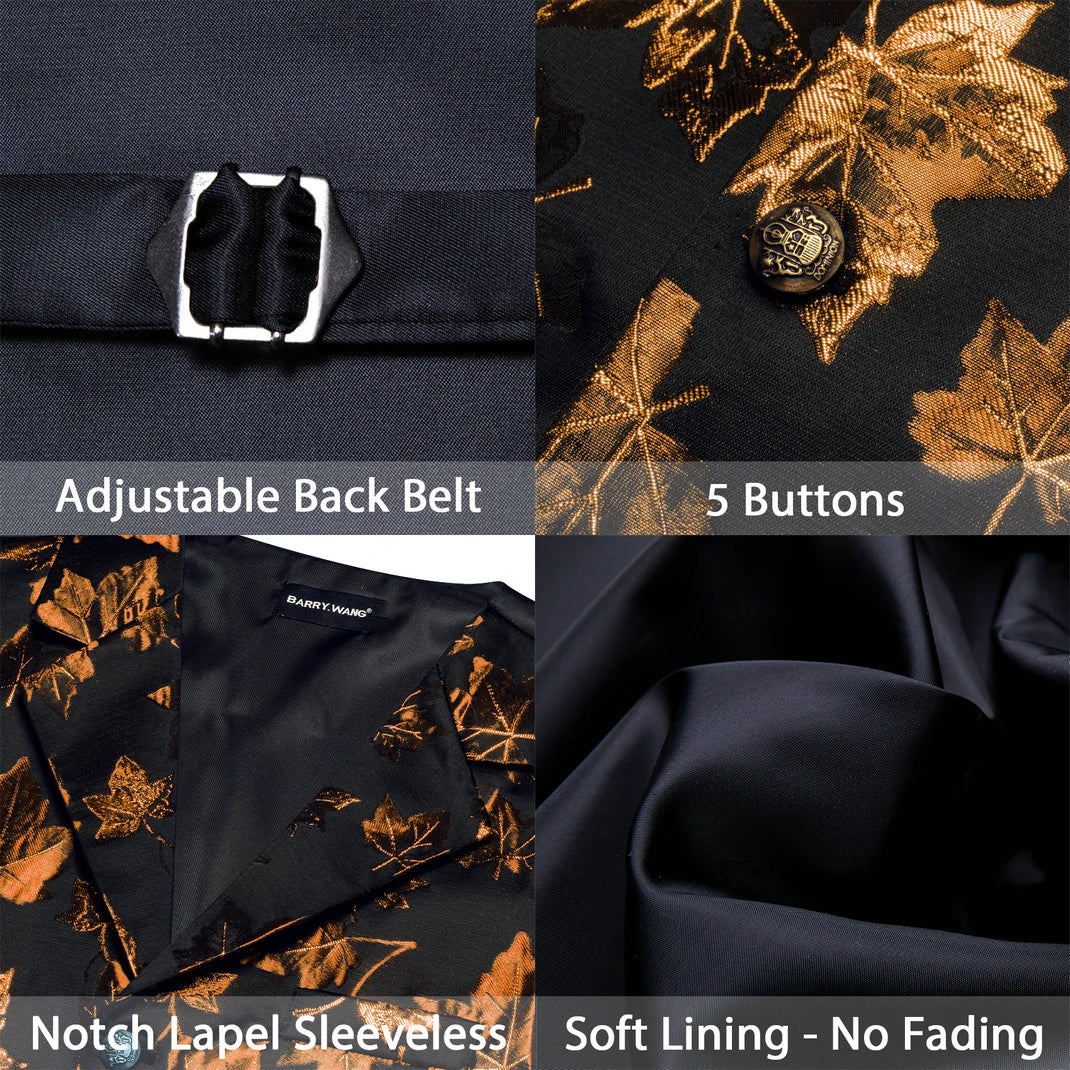 Herrenweste mit Jacquard-Ahornblattmuster, verstellbarer Rückengurt, Knopfleiste und Revers