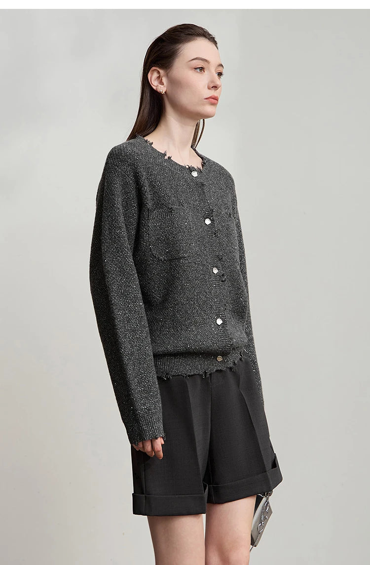 Damen-Strickjacke Rundhals englischer Stil einfarbig elegant Herbst