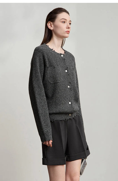 Damen-Strickjacke Rundhals englischer Stil einfarbig elegant Herbst