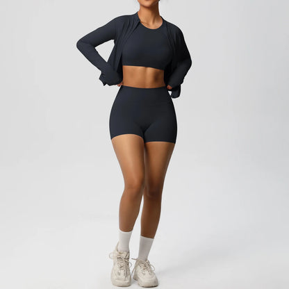Dunkelblaues Damen Yoga-Set: langärmliges Crop-Top und kurze Radlerhose