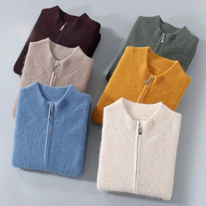 Pullover aus 100 % reinem Nerz-Kaschmir für Herren, Stehkragen, verdickte Strickjacke, Herbst/Winter, warm, lässig, gestrickt, große Oberteile mit Reißverschluss