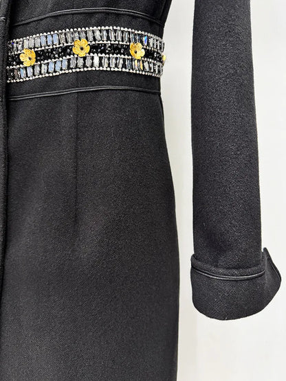 Damen-Mantel Woll-Kaschmir Perlen lang einreihig Umlegekragen Herbst-Winter