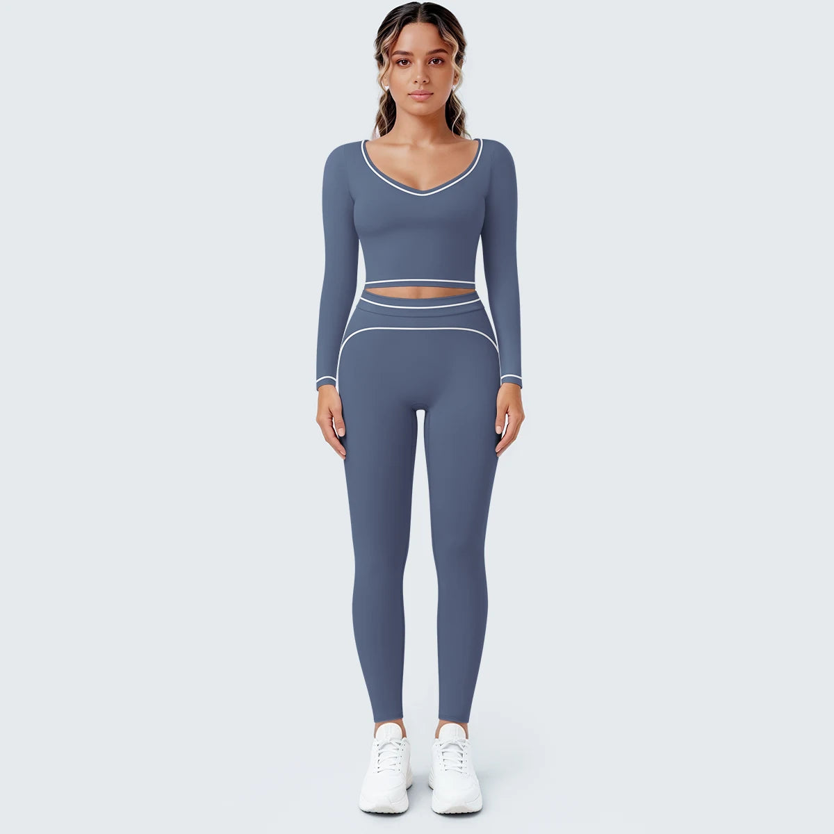 Damen-Yogaset mit Langarmoberteil und Leggings, blau-grau, mit Kontrastband
