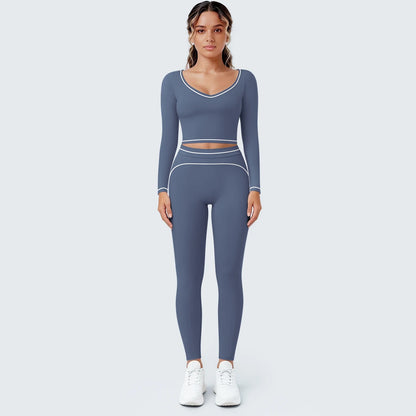 Damen-Yogaset mit Langarmoberteil und Leggings, blau-grau, mit Kontrastband