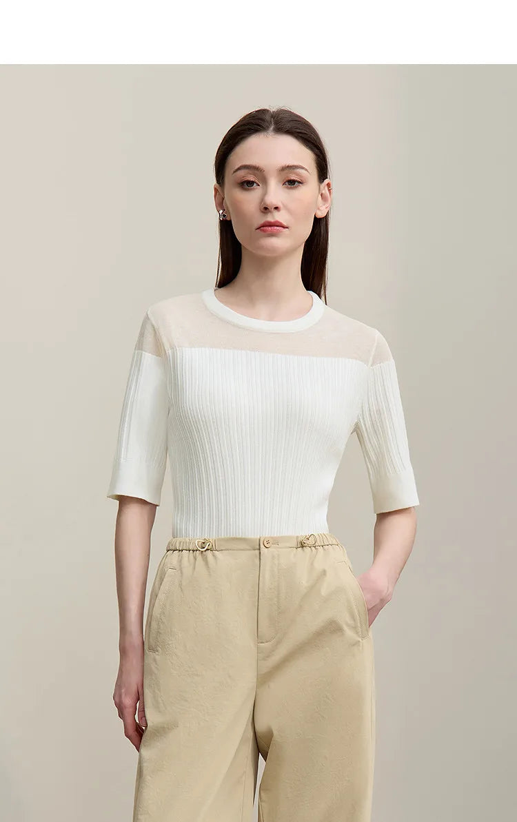 Damen-Stricktop, cremefarben/weiß, halbarm, rundhalsausschnitt mit transparenten Mesh-Partien