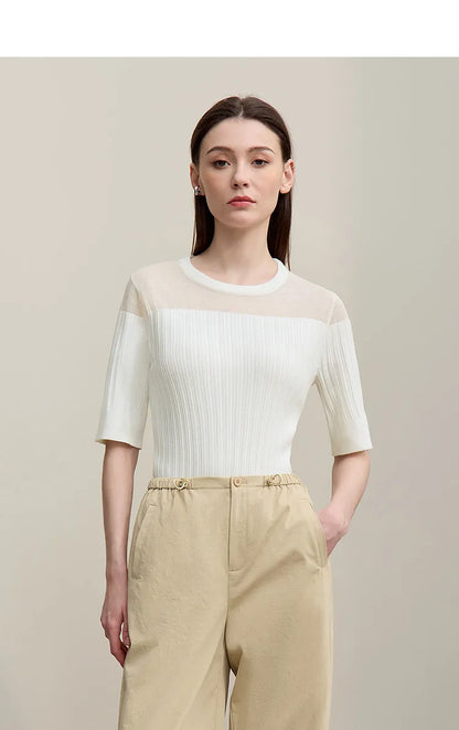 Damen-Stricktop, cremefarben/weiß, halbarm, rundhalsausschnitt mit transparenten Mesh-Partien