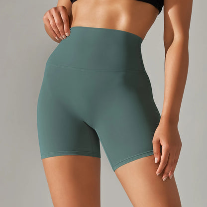 Nahtlose Sportshorts für Frauen mit hohem Bund, petrolgrün, glatte Nahtoptik