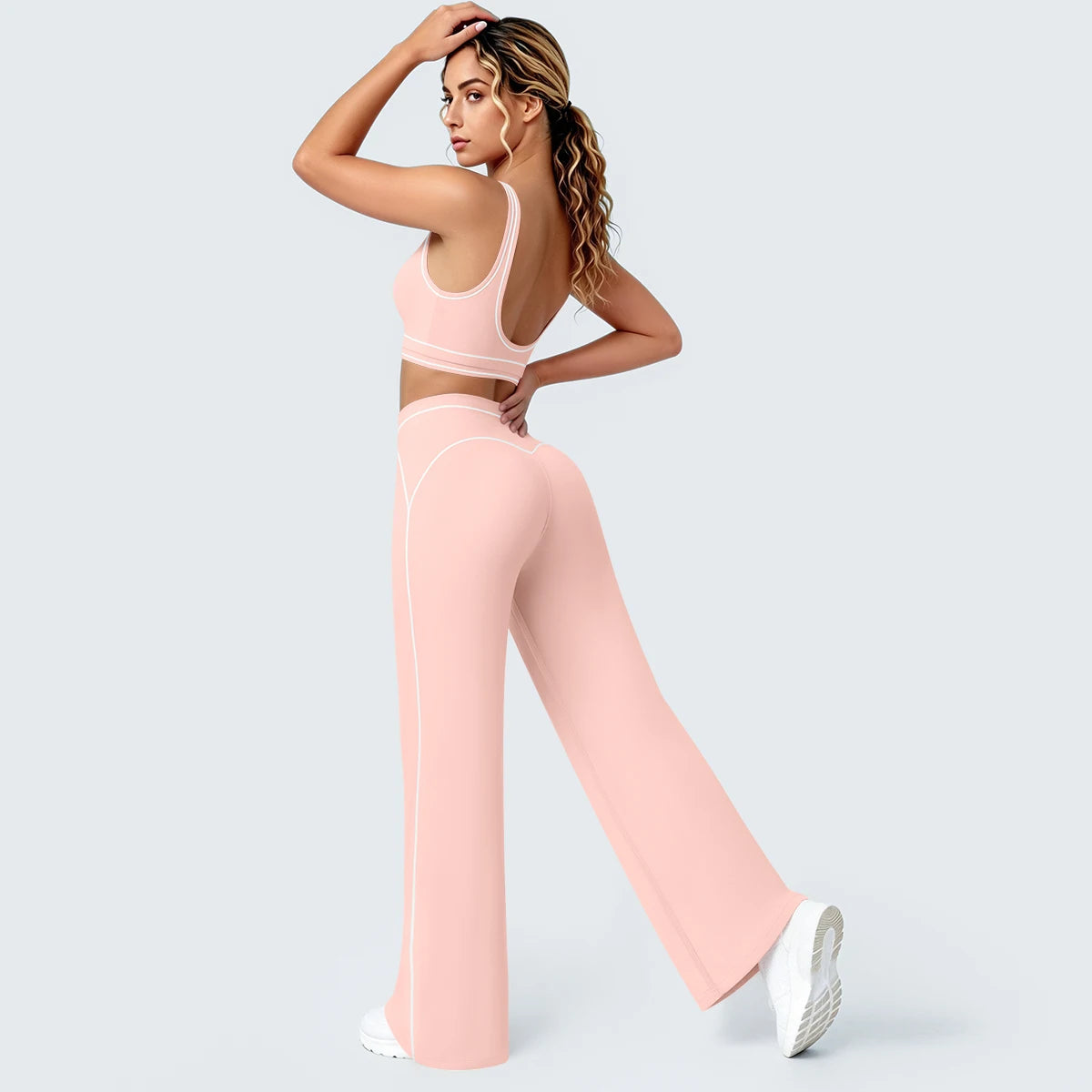 Damen-Yoga-Set mit Sport-BH und weiter Hose, rosé mit feinen Kontrastlinien
