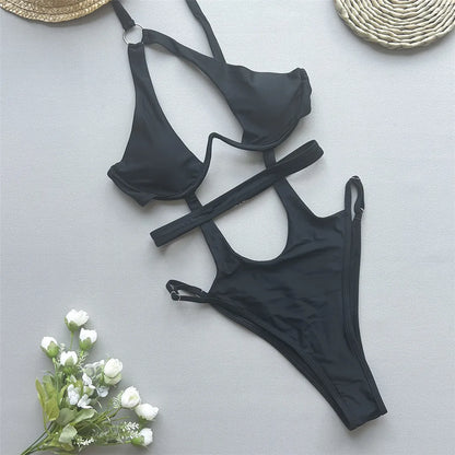 Damen Badeanzug asymmetrisch V-Bügel Cut-Out hoher Beinausschnitt Monokini
