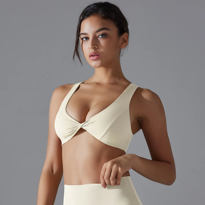 Sport-BH für Damen, helles Creme/Ivory, gekreuzte Vorderpartie mit V-Ausschnitt