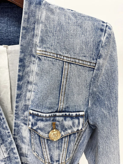 Damen-Blazer Denim Slim Gürtel Löwenknopf V-Ausschnitt Einknopf