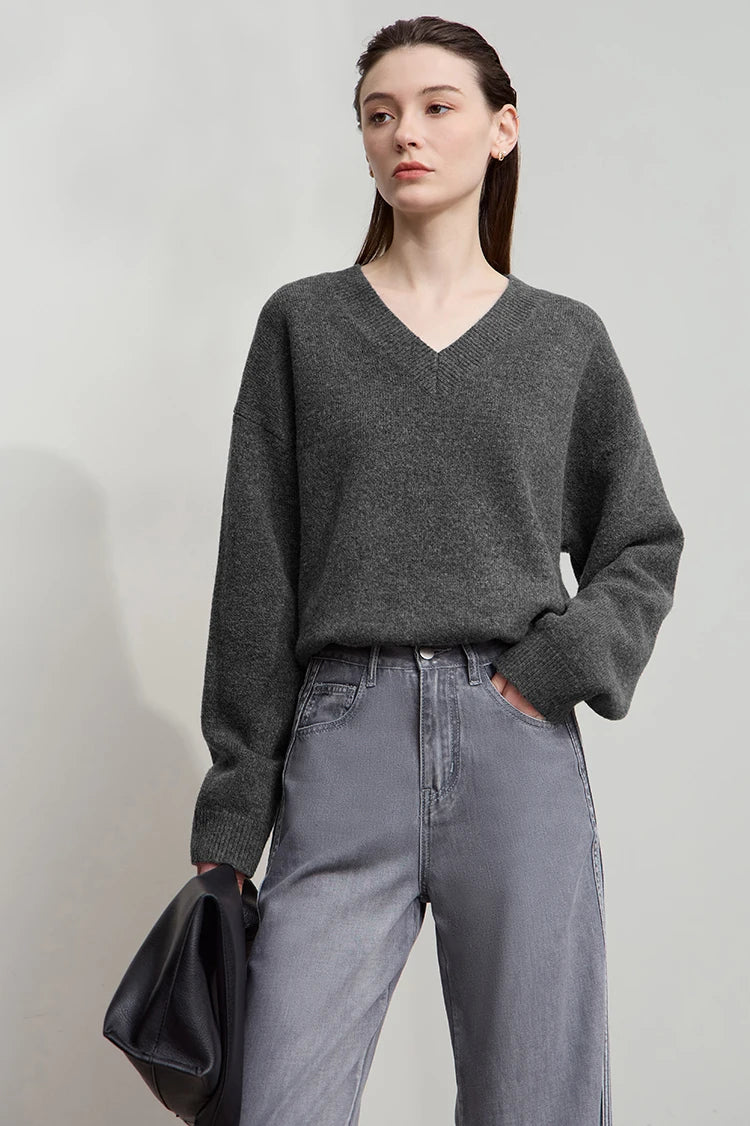 Damen V-Ausschnitt Pullover locker Raglan Wolle-Mix Herbst-Winter