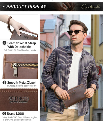 Herren-Ledertasche mit abnehmbaren Handgelenkriemen, Metallreißverschluss und Logo