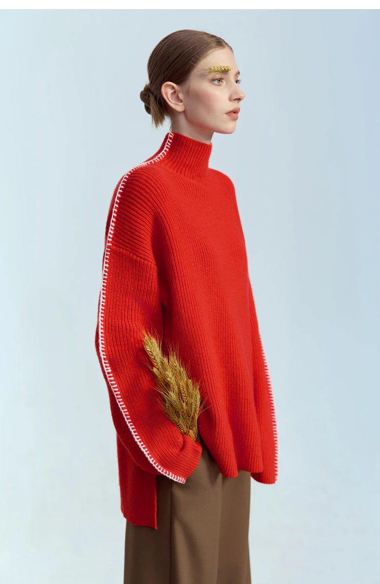 Damen-Rollkragenpullover Wolle Stickerei locker Weihnachten Winter