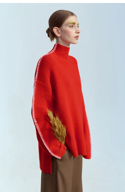 Damen-Rollkragenpullover Wolle Stickerei locker Weihnachten Winter