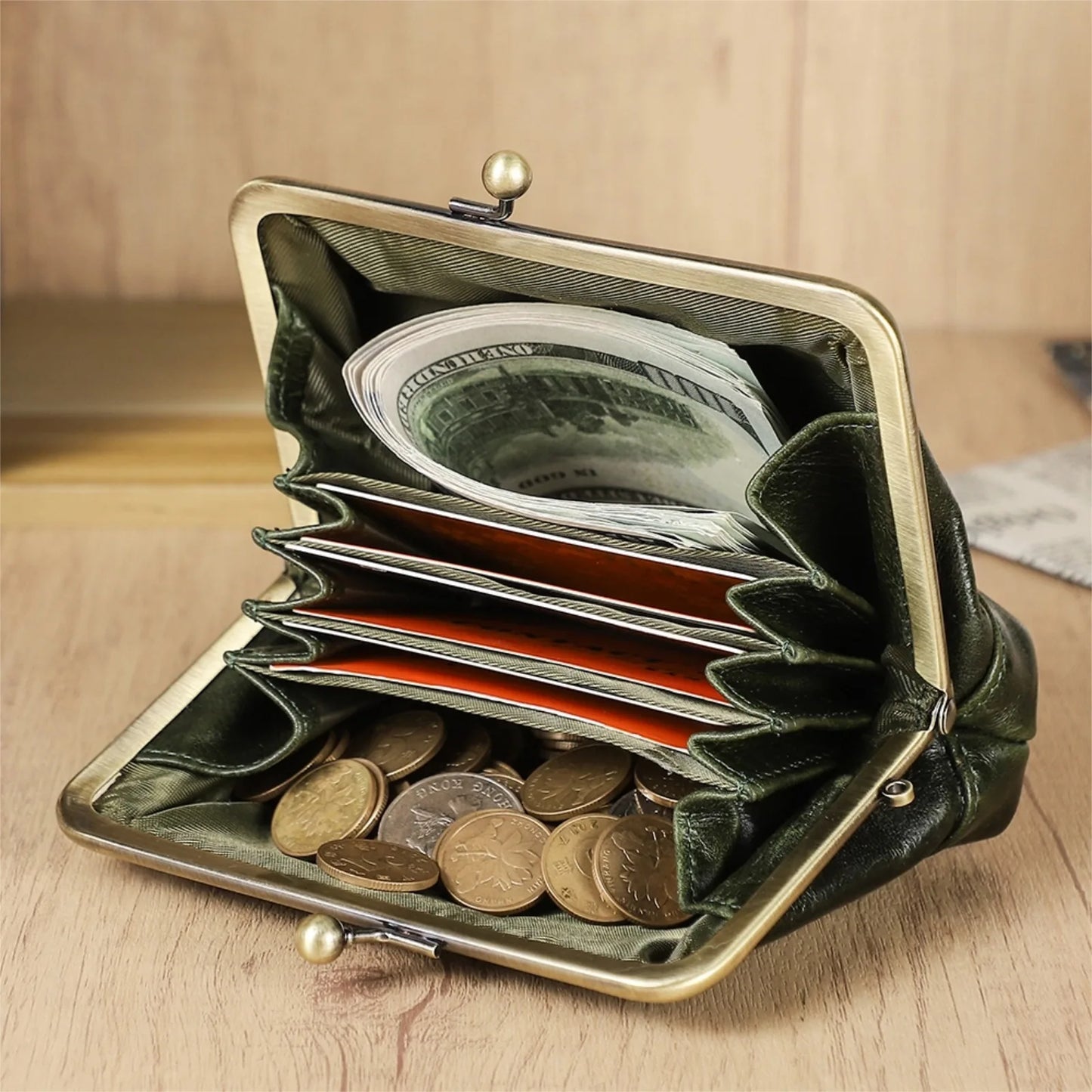 Damen Echtleder Münzbörse Vintage Fuchs Stickerei Klickverschluss Kartenfächer