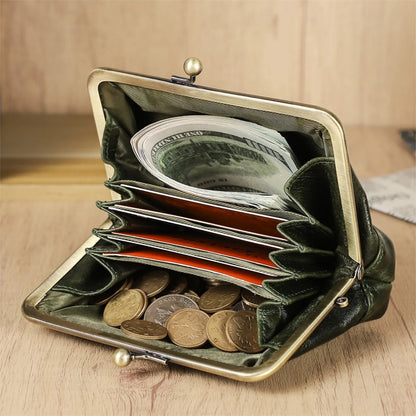 Damen Echtleder Münzbörse Vintage Fuchs Stickerei Klickverschluss Kartenfächer