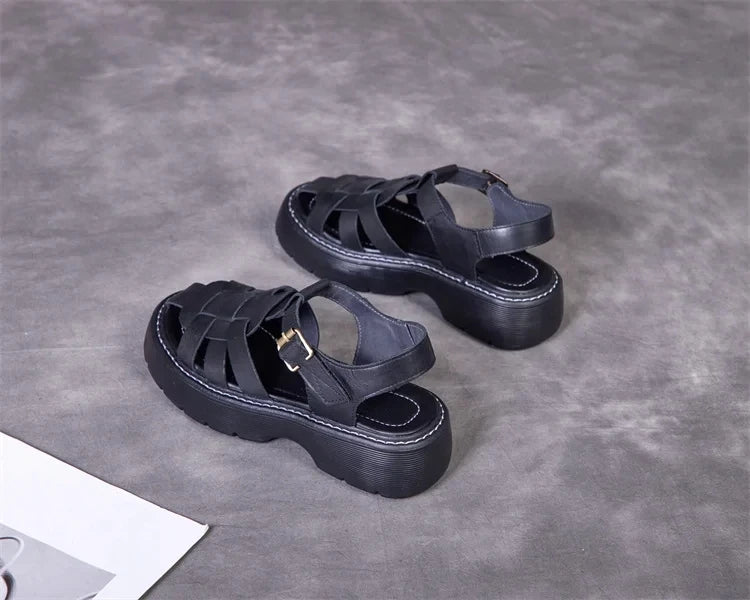 AIYUQI Sandalen Frauen Sommer 2025, Neue Echtes Leder Baotou Römischen Sandalen Damen Retro Hohl Gewebt Frauen Sandalen