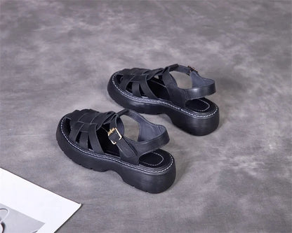 AIYUQI Sandalen Frauen Sommer 2025, Neue Echtes Leder Baotou Römischen Sandalen Damen Retro Hohl Gewebt Frauen Sandalen
