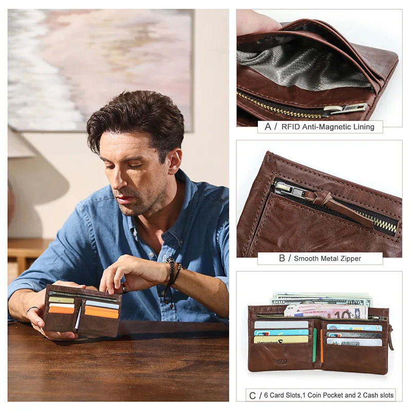 Herren Echtleder Geldbörse Vintage RFID Bifold Kurzgeldbörse 6 Kartenfächer Business